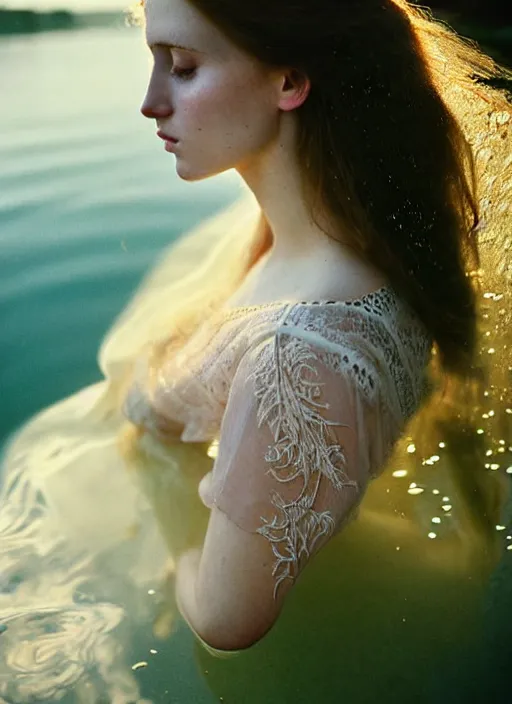 Image similar to Kodak Portra 400, 8K, soft light, volumetric lighting, highly detailed, britt marling style 3/4, portrait photography of a beautiful woman how pre-Raphaelites, half face in the water, ,a beautiful lace dress and hair are intricate with highly detailed realistic beautiful flowers , Realistic, Refined, Highly Detailed, natural outdoor soft pastel lighting colors scheme, outdoor fine art photography, Hyper realistic, photo realistic