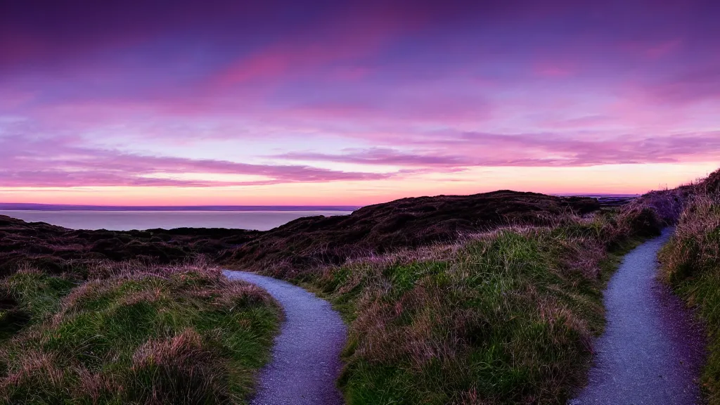 Image similar to 100 mm, 1/1000 sec, f/2.8, ISO 100 glorious magical cinematic scene of a trail on howth hill just after sunset