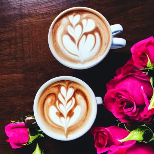 Image similar to photograph of a latte with a rose latte art, high quality, food, contrast