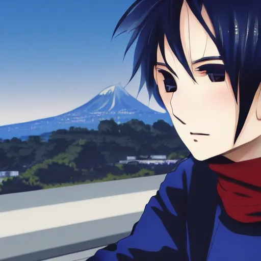 Image similar to close up of a high definition anime guy with short dark blue hair and black streetwear clothing riding a dark red 1996 Hyundai Accent car with armenia quindio in the background, Artwork by Makoto Shinkai, pixiv, 8k, official media, wallpaper, hd