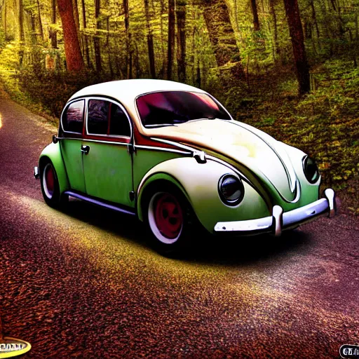 Image similar to promotional scifi - mystery movie scene of a real ladybug that is a hybrid with a ( volkswagen beatle ) hybrid, flying down a dusty back - road in smokey mountains tennessee. cinematic, 4 k, imax, 7 0 mm, muted dramtic color, hdr