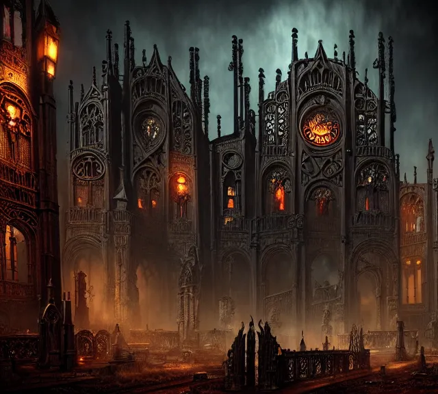 Image similar to steam necropolis, memento mori, gothic, neo - gothic, art nouveau, hyperdetailed copper patina medieval icon, stefan morrell, philippe druillet, ralph mcquarrie, concept art, steampunk, unreal engine, detailed intricate environment, octane render, moody atmospherics, volumetric lighting, ultrasharp, ominous, otherworldly