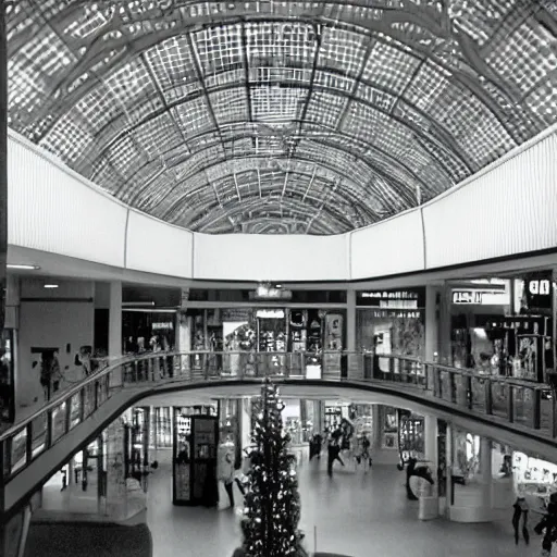 Prompt: a shopping mall during the 6 0 s with light shinning down from the ceiling and indoor trees