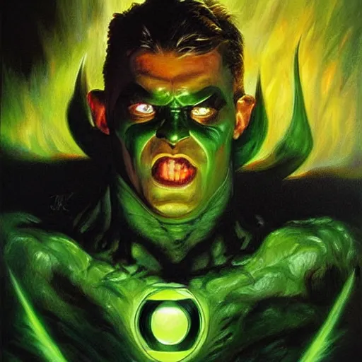 Image similar to detailed portrait of timothy chalemet as green lantern demon on fire intricate, hyper detailed, realistic, oil painting, by julie bell, frank frazetta, cinematic lighting