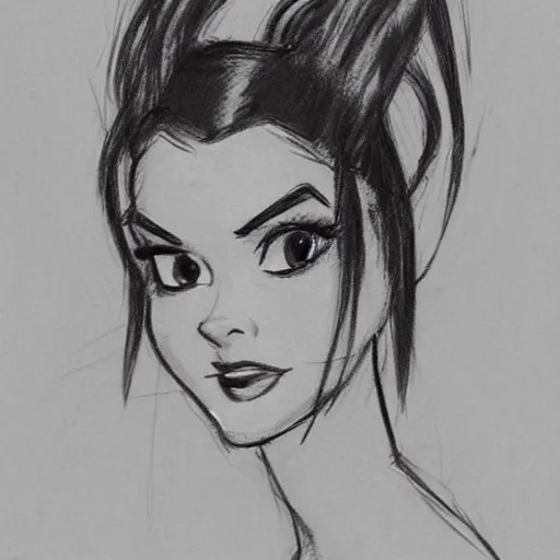 Image similar to milt kahl sketch of victoria justice with done up hair, tendrils covering face and ponytail as princess padme from star wars episode 3