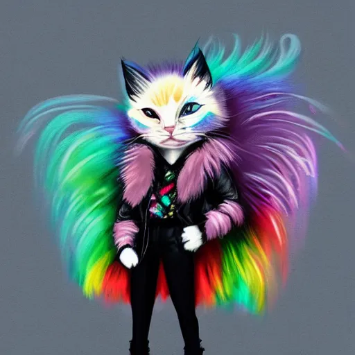 Image similar to wide angle full body, jacket wearing fluffy cute rainbow kitten wearing a black leather motorcycle jacket, cinematic concept art