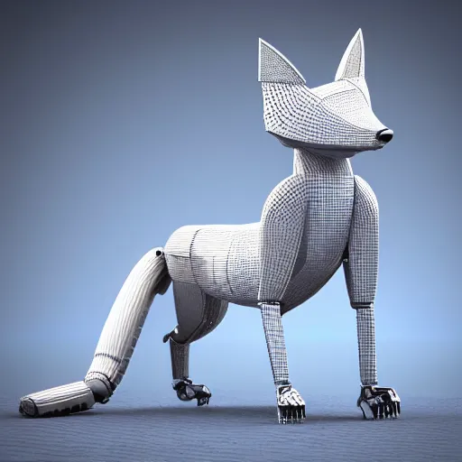 Image similar to robot that resembles a fox, 3 d render, post processing, cinmatic lightning