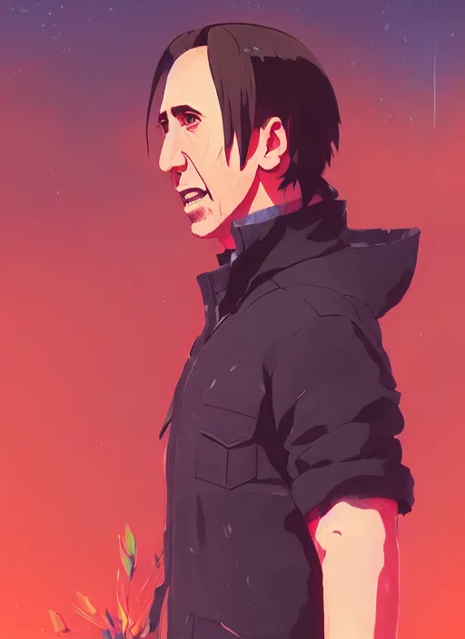 Image similar to portrait of nicolas cage from mandy, red sky background woodland landscape illustration concept art anime key visual trending pixiv fanbox by wlop and greg rutkowski and makoto shinkai and studio ghibli and kyoto animation