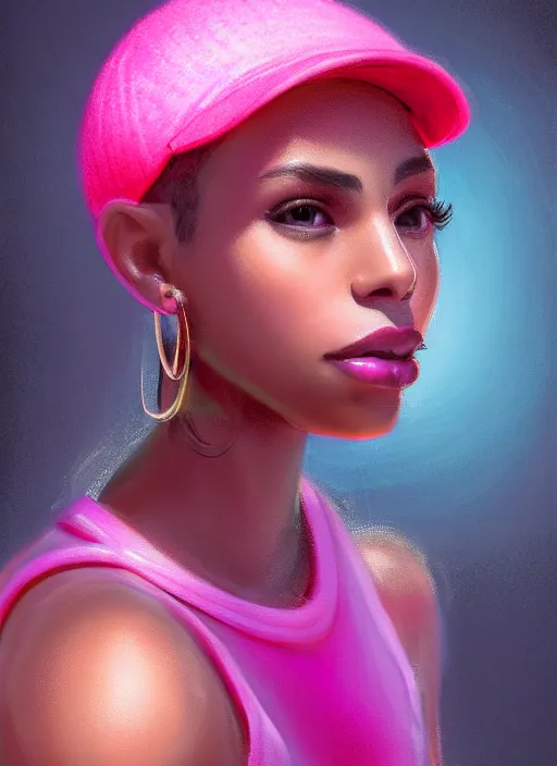 Image similar to portrait of teenage vanessa morgan with bright pink hair, black girl, vanessa morgan, curly pixie cut hair, wearing newsboy cap, newsboy cap, hoop earrings, intricate, elegant, glowing lights, highly detailed, digital painting, artstation, concept art, smooth, sharp focus, illustration, art by wlop, mars ravelo and greg rutkowski