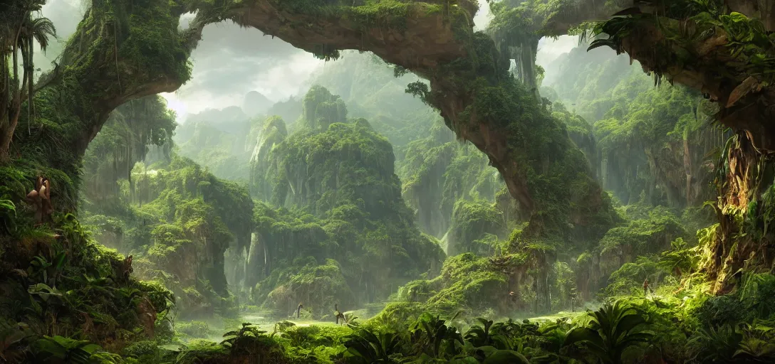 Image similar to the lost valley, rock arcs, lush vegetation, exotic forrest and plants, landscape, alex ross, eddie mendoza, raphael lacoste, sebastian ludke, concept art, matte painting, highly detailed, rule of thirds, dynamic lighting, cinematic, detailed, magnificiant landscape, denoised, centerd