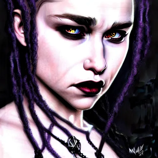 Image similar to portrait of emilia clarke cybergoth dreadlocks, dark, piercing eyes, exotic expression, esoteric clothing, photorealistic, highly detailed, mysterious lighting, artstation, smooth, sharp focus, art by michael whelan, artgerm, greg rutkowski and luis royo