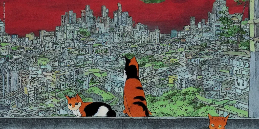 Prompt: sri lankan cat looking at the city, drawn by hayao miyazaki