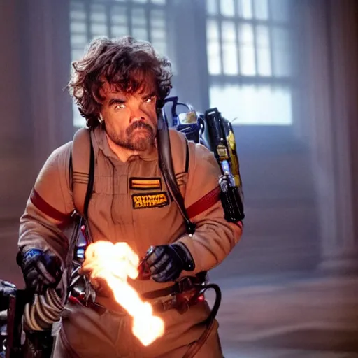 Image similar to stunning awe inspiring peter dinklage as a ghostbuster in the movie ghostbusters, movie still 8 k hdr atmospheric lighting