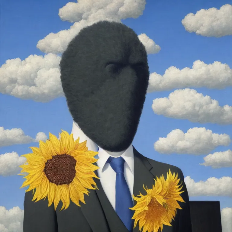 Image similar to portrait of a faceless sunflower - head man in a suit, clouds in the background, by rene magritte, detailed painting, distance, centered, hd, hq, high resolution, high detail, 4 k, 8 k