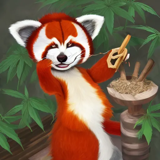 Prompt: anthropomorphic red panda, holding a bag of catnip, smoking a cigar, in front of hemp plants, happy dopey expression, squinting, beautiful lighting, high quality digital art, trending on artstation