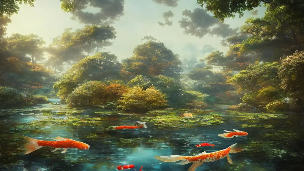 Image similar to a ultradetailed beautiful matte painting showing a close view of a peaceful pond with a clear water and amazingly beautiful carp koi, dramatic lighting, dynamic lighting, cinematic lighting, by krenz cushart and artgerm, unreal engine, featured on artstation