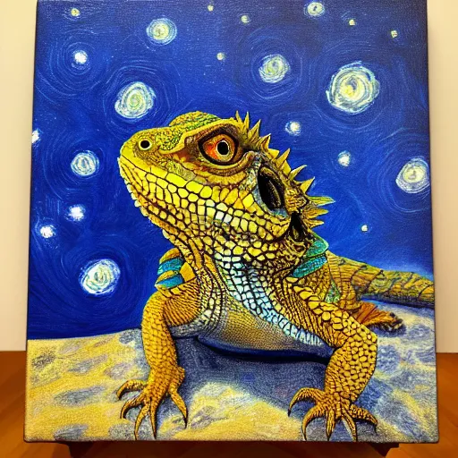 Prompt: Painting of a Bearded Dragon in the style of Starry Night