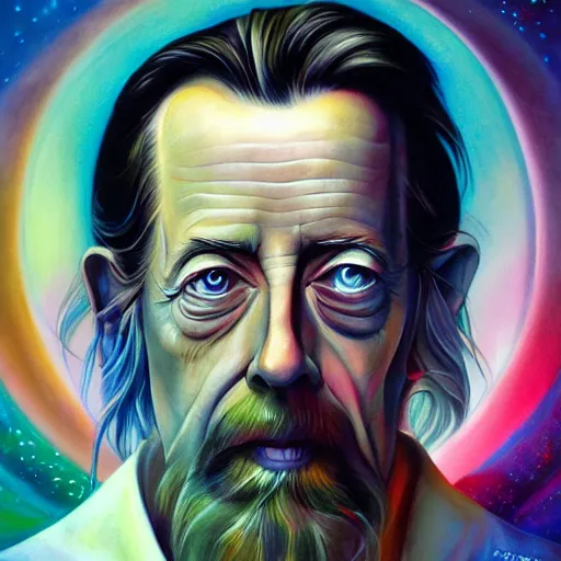 Prompt: Anna Dittmann painting of Alan watts, trending on art station, drawn by alex grey