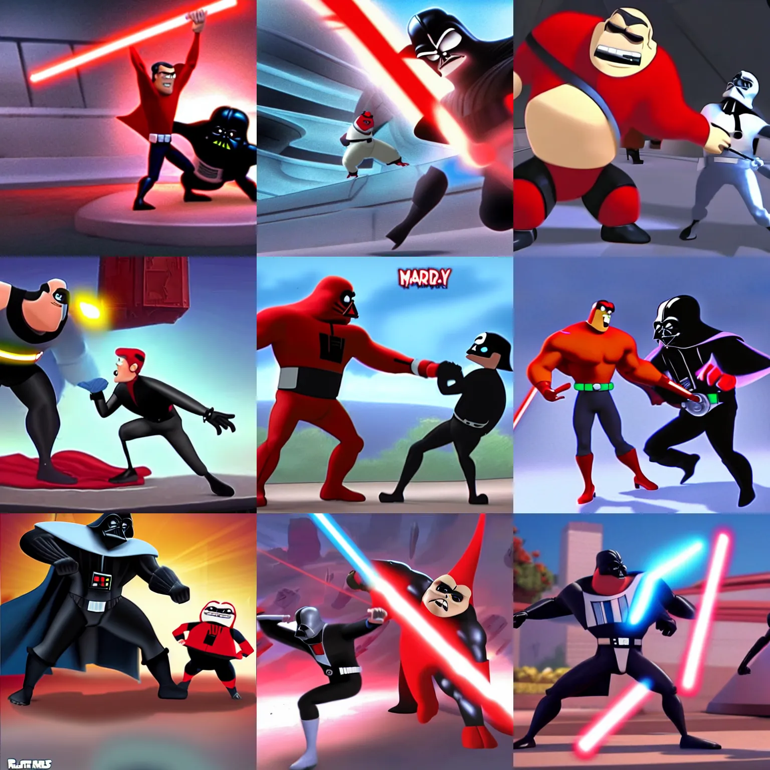 Prompt: mr. incredible fighting darth vader, still from an animated disney movie