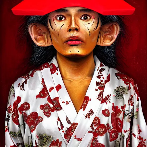 Prompt: a portrait of a human hybrid mutant brown rat in red kimono, painting, realistic, digital art