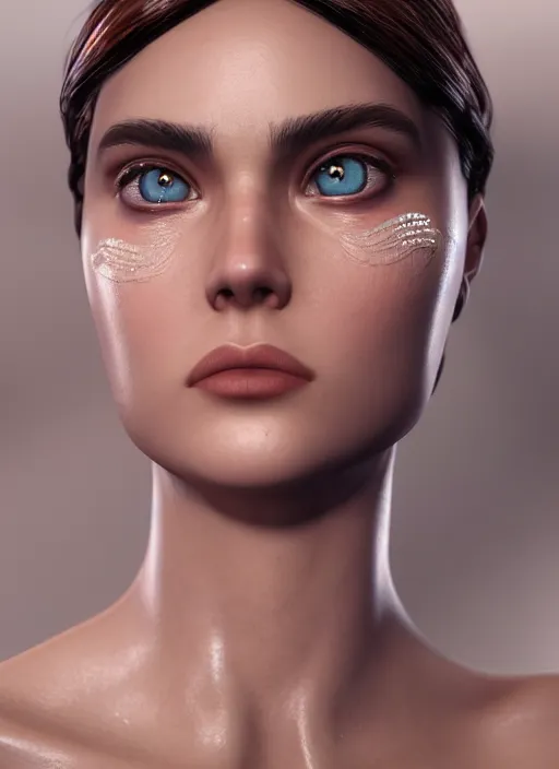 Image similar to beauteous sumptuous face with incredibly accurate lifelike eyes with catchlights, cinematic forest lighting, with incredible voluminous flowing photorealistic hair, delicate crystalline tattoo masterpiece, hyperdetailed face, elegant pose, movie still, intricate, octane render, unreal engine,