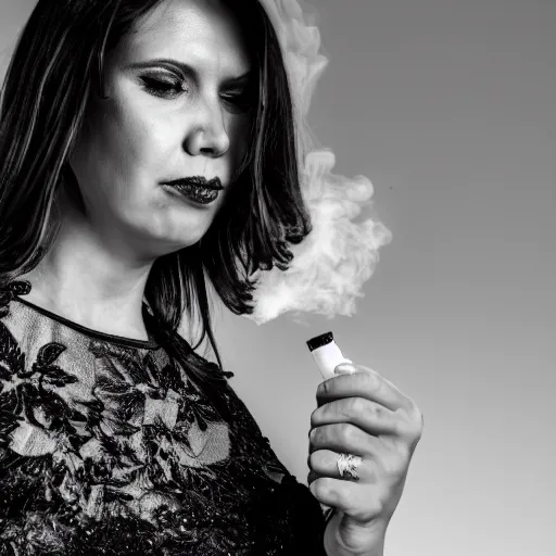 Image similar to a detailed photo of woman in evening dress and smoke around the woman, noire photo, grayscale photo with red dress, photo by Michael David Rock, 8K, 50mm lens