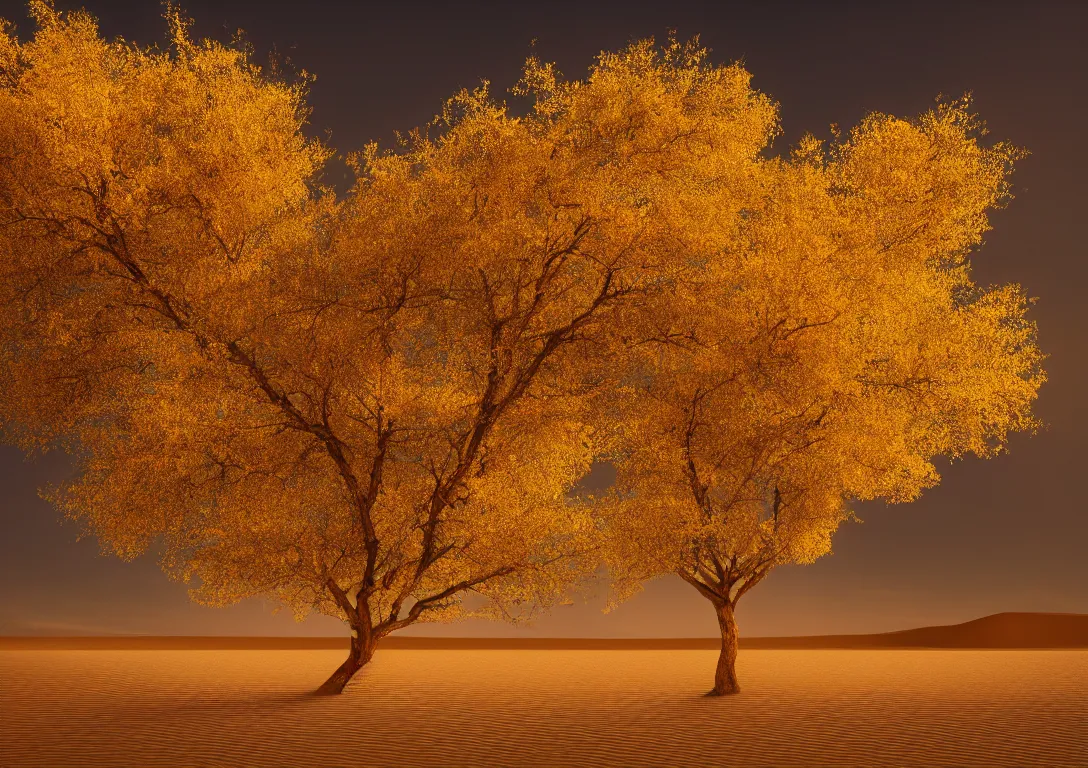 Image similar to a lonely golden tree in a dark desert, sand, gold, bright light, detailed photography, dennis velleneuve, vivid colors, ultra realistic, 8 k, photography