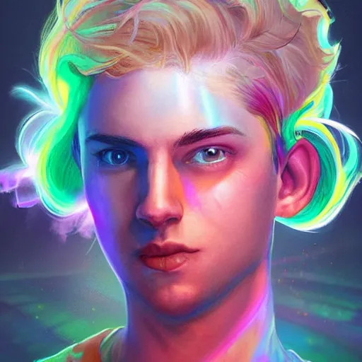 Prompt: bust of a light haired young man with a scar across his left eye has an epic idea, rainbowpunk, scandalpunk, high detail, concept art, neon color, vivid color, floating particles, glowing green eyes, spiral smoke, background by john harris + andreas rocha, artwork by charlie bowater + artgerm + anato finnstark + ross tran