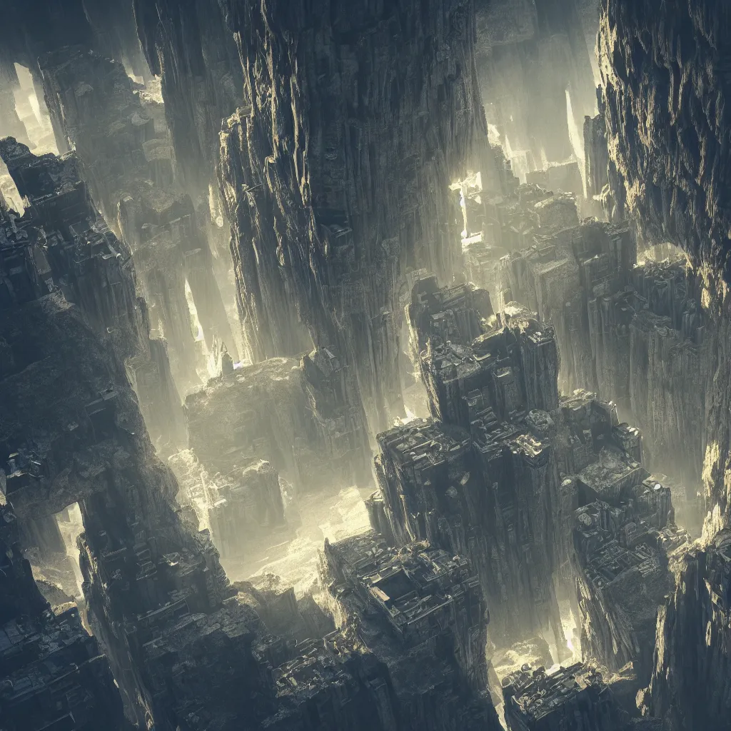 Image similar to inception lovecraft city carved from rock underground another inverted upside down above, artstation, cinematic warm volumetric lighting