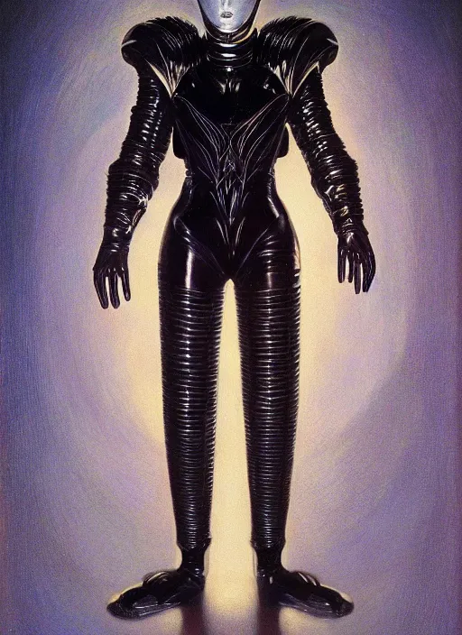 Image similar to full body portrait of beautiful gothic and futuristic fashion model, elegant space armour, cyber armour, highly detailed, artstation, illustration, composition, 8 k quality, art by jean delville, rene magritte, hyperrealism oil painting