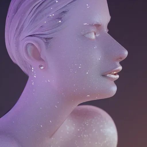 Image similar to abstract female sculpture made of white marble and amethyst crystals quartz, ethereal lights, fine details, artstation, film still, cinematic photoshooting, luxury, strong wind, golden filigree, octane render