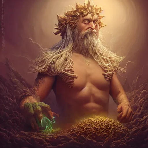 Image similar to by artgerm and agostino arrivabene, visually stunning, cinematic, ultra realistic, hyper realism, epic, octane render, unreal engine, vfx, a old druid preparing potion, fungal enchanter, murloc tinyfin, dread infernal, wee whelp, battle ram