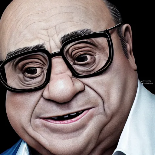 Image similar to hyperrealistic mixed media realistic image of danny devito, stunning 3 d render inspired art by xiang duan and thomas eakes, perfect facial symmetry, hyper realistic texture, realistic, highly detailed attributes and atmosphere, dim volumetric cinematic lighting, 8 k octane detailed render, post - processing, masterpiece,