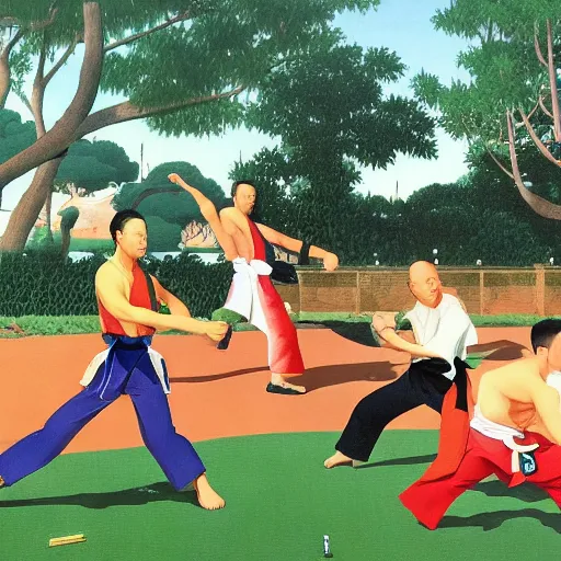 Prompt: young kung fu masters tournament match, super detailed, takehiko inoue, tatsuro kiuchi, ilya kuvshinov, by henri rousseau, by greg hildebrandt, 8 k render