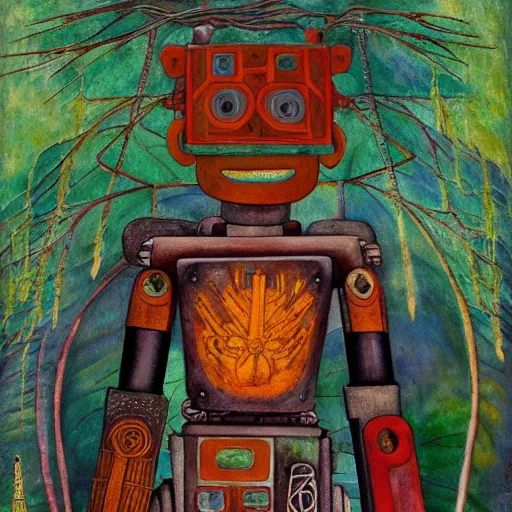 Image similar to robot seizes the forest throne, by Annie Swynnerton and Diego Rivera, symbolist, dramatic lighting, elaborate geometric ornament, tattoos, Art Brut, soft cool colors,smooth, sharp focus, extremely detailed