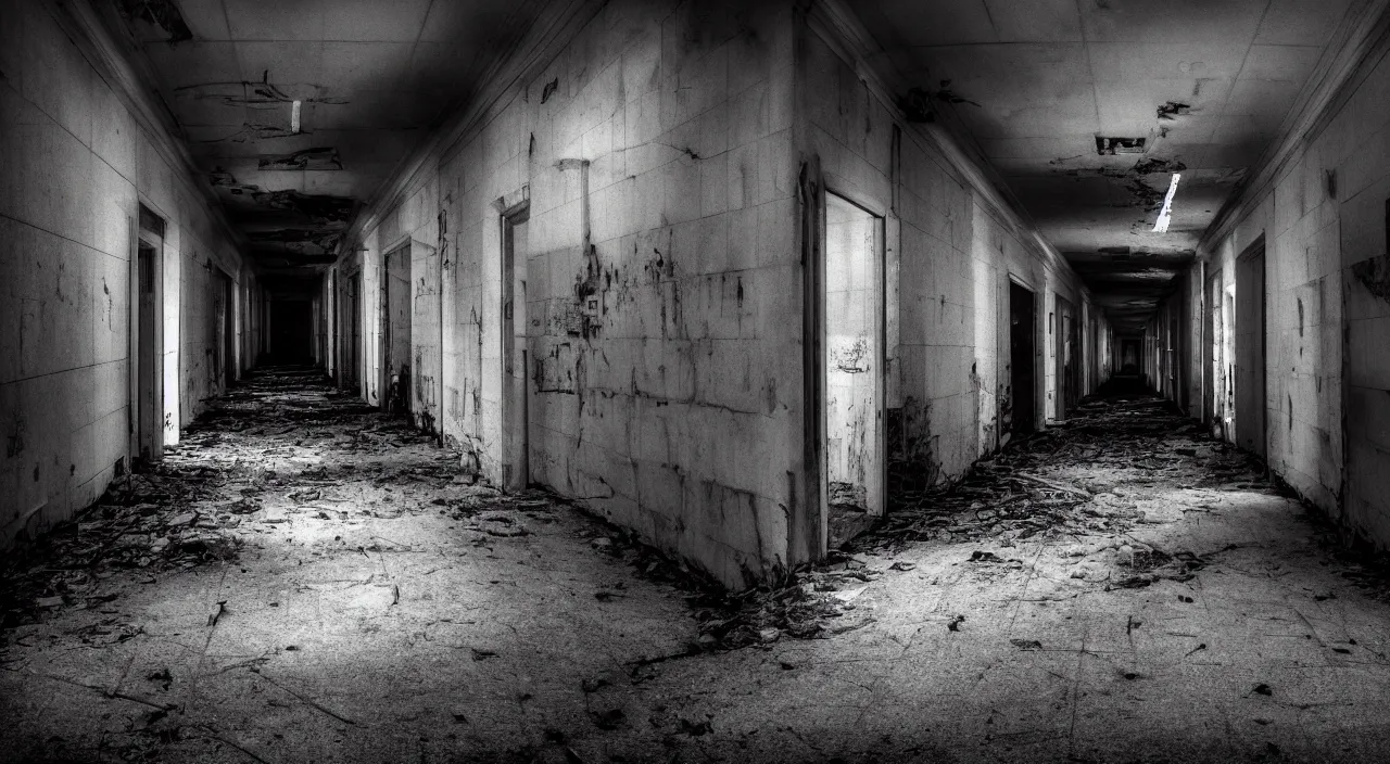 Image similar to unnerving dark 4 k photograph of a long creepy hallway of an abandoned hospital with a checkered floor, crime scene, horror