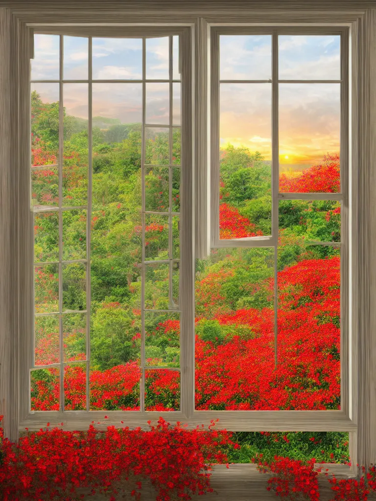 Image similar to a interior photo of a old house single window with view to the sunrise near some red flowers, hyperrealistic, digital painting, masterpiece, high quality, highly detailed, high coherence, path traced, serene landscape, beautiful, elegant, bloom, godrays, complementary colors, natural lighting, symmetrical, low contrast