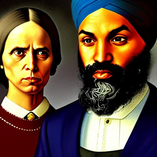 Prompt: Justin Trudeau with Jagmeet Singh in the american gothic painting, concept art, sharp focus, highly detailed digital painting by Grant Wood, artstation