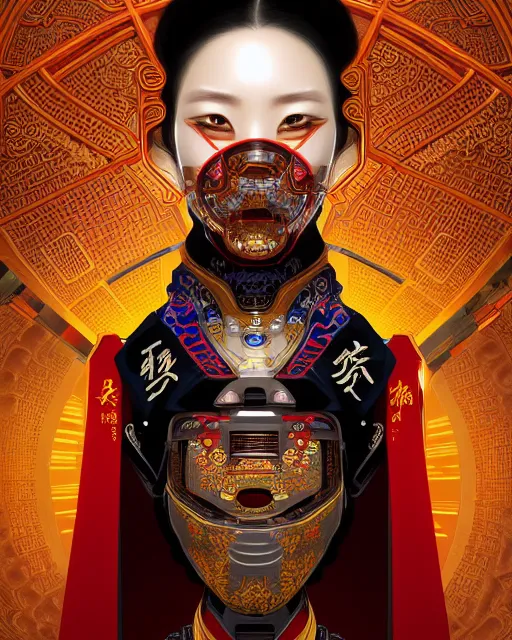 Image similar to portrait of a chinese cyberpunk machine, machine face, robed, upper half portrait, decorated with chinese opera motifs regal royal machine robot cyberpunk fine china, wuxia, traditional chinese art intricate intense elegant highly detailed digital painting artstation concept art smooth sharp focus illustration, art by artgerm and greg rutkowski alphonse mucha 8 k