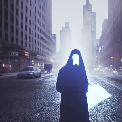 Image similar to ghost under a sheet with a cigarette in mouth, haunting a NYC sidewalk, trending on artstation, 8k, 4k, volumetric lighting, lighthearted, cinematic composition, hd, fun