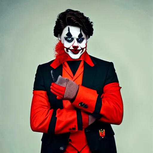 Image similar to UHD candid photo of Justin Trudeau dressed as a henchman, wearing accurate clown makeup, accurate face, UHD, photorealistic, correct face, photo by Annie Leibowitz