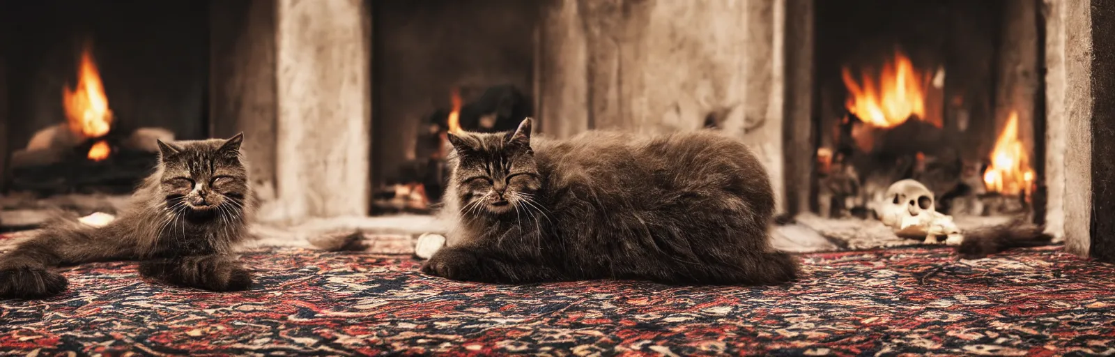 Image similar to a beautiful hairy cat sleeping next to a skull on an old carpet next to a fireplace, 4K, photorealistic, cinematic, moody fireplace lighting, UHD, HDR