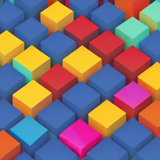 Prompt: an axonometric isometric photo of a closely stacked series of many individually coloured blocks. each blocks has a unique single colour and have a satin finish. are made of a satin resin. photorealistic, architectural model, octane render, path tracing