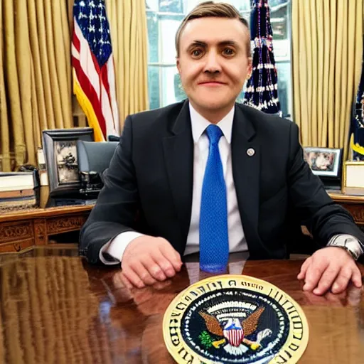 Prompt: racoon president wearing suit and tie sitting in the oval office with feet on desk