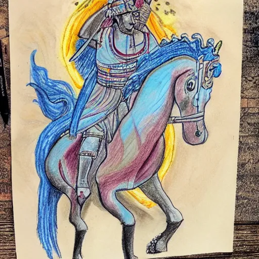 Image similar to A drawing of Julius Caesar riding a unicorn, colored pencil art,