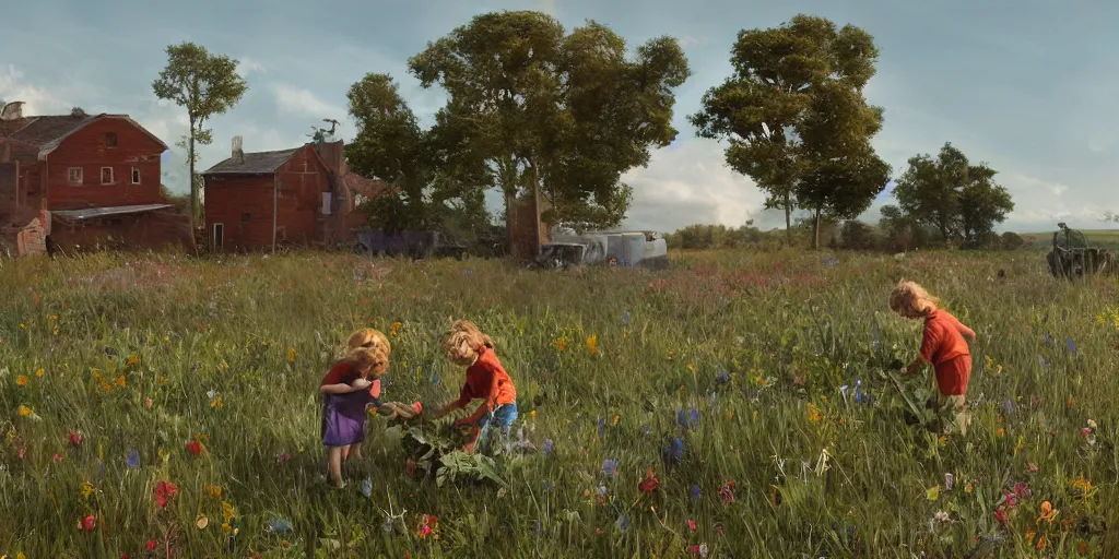 Image similar to two kids pick flowers in a field in front of abandoned farmhouse with robotic harvesters, landscape, by pixar, high detail, 3D, octane, realistic, cinematic, photoreal, by stalenhag