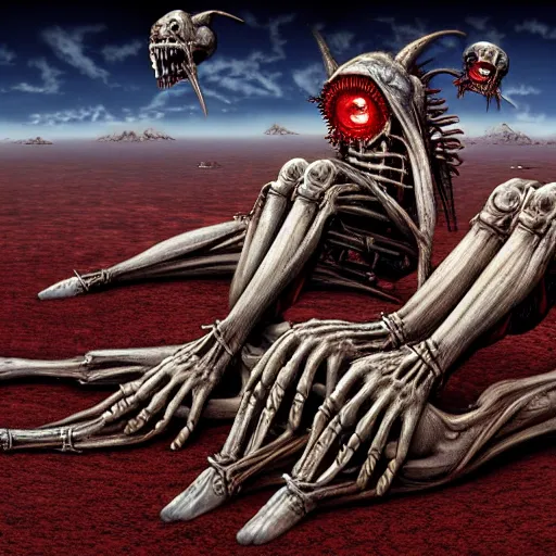 Image similar to conjoined demon twins sitting legs crossed in a desert hellscape covered in gore by Yoshitaka Amano, by HR Giger, biomechanical, 4k, hyper detailed, hyperrealism, anime, a Broken World demons flying overhead, red sky, blood and body parts, deviantart, artstation