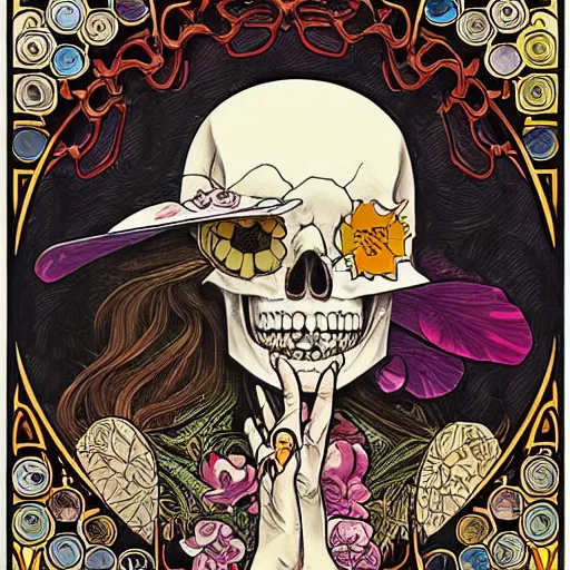 Image similar to manga skull portrait girl female skeleton taylor swift realism hyperrealistic art Geof Darrow and will cotton alphonse mucha pop art nouveau