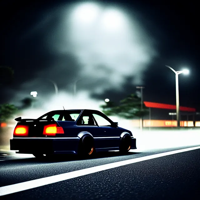 Image similar to a car JZX90 twin turbo drift spec in middle of road, Saitama prefecture, city midnight mist lights, cinematic lighting, photorealistic, highly detailed wheels, high detail