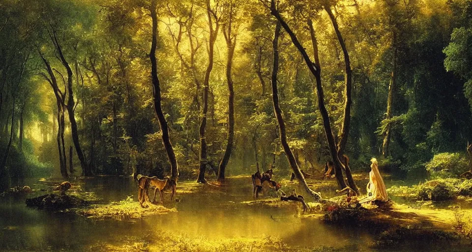 Prompt: Enchanted and magic forest, by Albert Bierstadt,